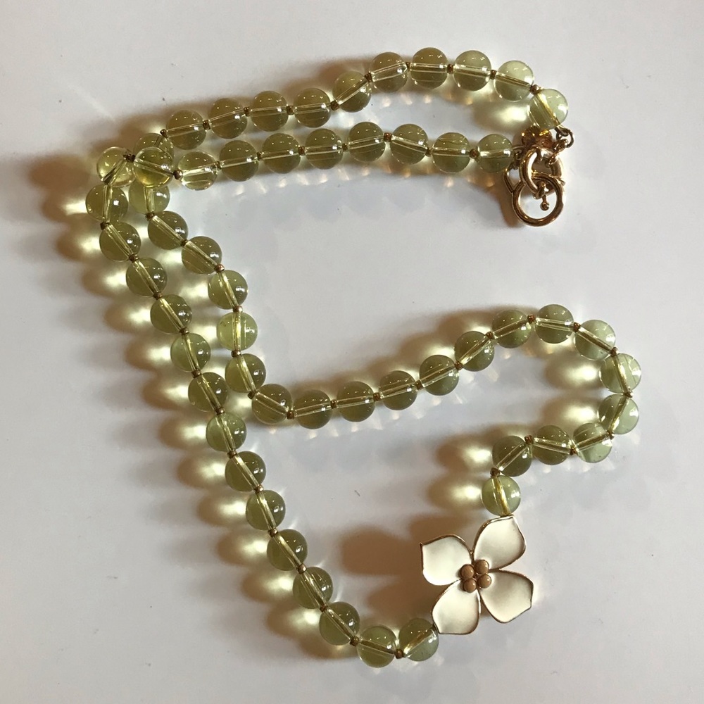 J. Crew Pale Green Beaded Necklace with White Flower Pendant